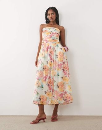 Nobody's Child Alice - Vestito midi a fascia arricciato arancione a fiori-Multi