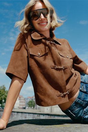 Maeve Suede Boxy Short-Sleeve Crop Lady Jacket