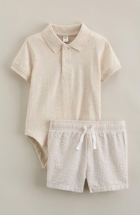 Nordstrom Cotton Polo Bodysuit & Shorts Set in Beige Oatmeal - Tan Stripe at Nordstrom, Size 24M