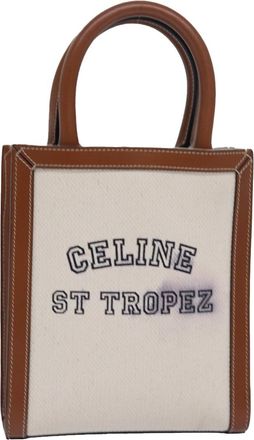 Celine Vertical Cabas Tote Canvas With Leather White Canvas Handbag (Pre-Owned)