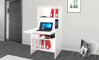 Dmora Escritorio Con Tapa Oculta, Made In Italy, Armario Con Estantes Y Encimera, Armario Que Ahorra Espacio, Cm 70x35h140, Color Blanco Brillante, Con Emba