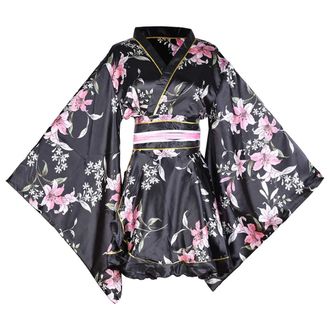 Generic Womens Sexy Short Kimono Costume Adult Japanese Geisha Yukata Prints Gown Fancy Dress with Belt (42 Black, One Size)