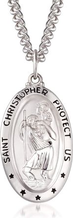 Ross-Simons Mens Sterling Silver and Stainless Steel Saint Christopher Protect Us Pendant Necklace