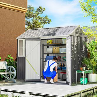 OUTSUNNY 8x6 ft Metal Garden Shed Outdoor Storage Shed with Doors Window Sloped Roof, Grey