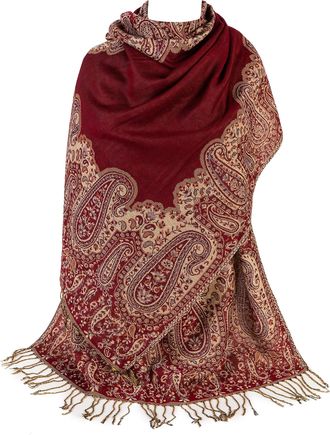 World of Shawls Ladies Paisley Bordered Pashmina Feel Shawl Scarf Wrap Stole Luxuriously Warm Soft Vibrant (Maroon and Beige)