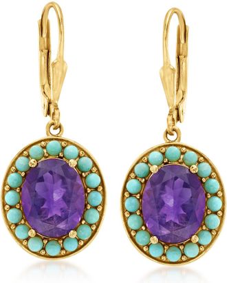Ross-Simons Turquoise and Amethyst Drop Earrings in 18kt Gold Over Sterling