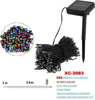 Trade Shop Trade Shop - Catena Luminosa 200 Led Con Ricarica Di Energia Solare Luce Multicolore Xc-3083
