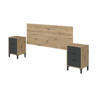 Dmora Dmora - Mesilla De Noche Birmingham, Conjunto De Dormitorio, Cabecero Y 2 Mesitas De Noche Con 3 Cajones, Cm 160x2, Roble Efecto Nudo Y Antracita, Con