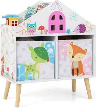 Costway Costway - Estantería Infantil en Forma de Casa, Organizador Juguetes de Madera, Estanterias Almacenaje de Juguetes con 2 Contenedores de