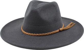 Generic Wide Brim Fedora Hat - Wool Felt Panama Cap - One Size Unisex Women Men - Braided Leather Band - Fedora Sun Hat