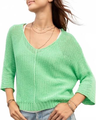 Wooden Ships Kaya 3/4 Sleeve V Cotton Sweater In Verdigris