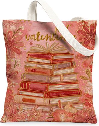 Generic ValentineS Floral Canvas Tote Bags, Artistic Book Stack Design Reusable Grocery Bags, Lightweight Washable Shoulder Strap, Peach, 13x15 Inch