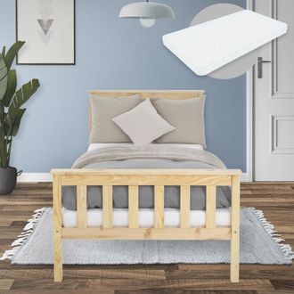 ML Design Ml-design - Estructura De Cama De Madera Maciza De Pino Natural 90 X 200 Cm Con Colch&oacute;n De Espuma Fr&iacute;a Oeko-tex 100 Somier Armaz&oacute;n De Listones Cabecer
