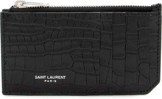 Saint Laurent Black Croc-Embossed Leather Fragments Zipper Card Case (Authentic Pre-Loved)