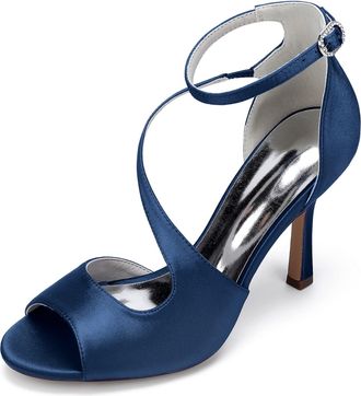 Generic Wedding Bridal Shoes Women Peep Toe Ankle Straps Stiletto Sandals Buckle Satin Evening Party Prom High Heel 9.5Cm,Dark Blue,10 UK