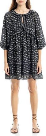 Max Studio Floral Three-Quarter Sleeve Keyhole Minidress in Black Floral at Nordstrom Rack, Size X-Small