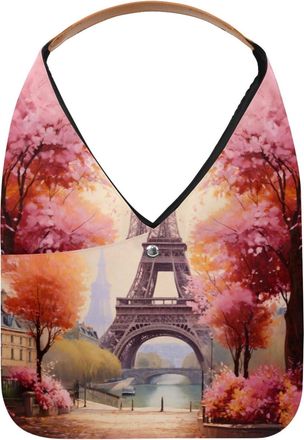 Generic Eiffel Tower Pink Trees Reusable Lightweight Grocery Bags - Foldable Into Compact Pouch, Washable & Sturdy, Multipurpose for Shopping and Travel