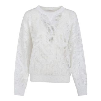 Brunello Cucinelli Brunello Cucinelli, Round-neck Knitwear, female, White, Size: M Sequin-Embellished Open-Knit Sweater