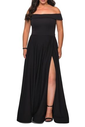 La Femme Off The Shoulder Plus Size Dress with Leg Slit in Black at Nordstrom, Size 14W