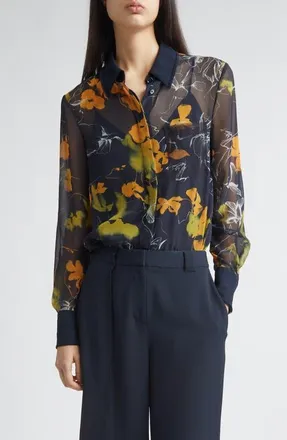 Jason Wu Shadow Floral Georgette Button-Up Shirt in Ultra Navy at Nordstrom, Size 10