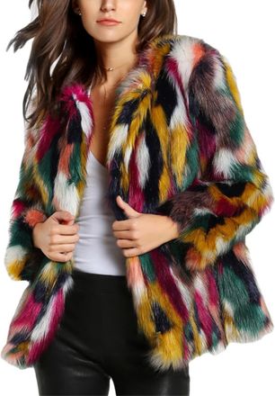 Generic Womens Multicolor Faux Fur Coat Winter Warm Gradient Color Outwear Jacket Fall Shaggy Furry Open Front Cardigan (Multicolor,XXL)