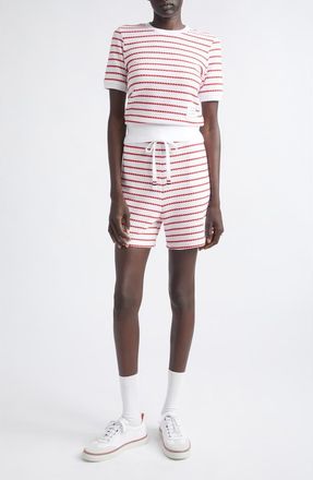 Thom Browne Stripe Cotton Honeycomb Jacquard Shorts in White/red at Nordstrom, Size 42