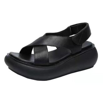 Generic Cocila Walking Sandals For Women Uk Thick Sole WomenS New Summer Toe Single Shoe Mouth Shoes Soft Leather Raised Black, 6 Fashion Hiking Low Block Hee