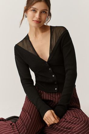 Maeve Sheer-Inset V-Neck Cardigan Sweater