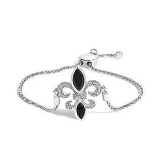 House of Brilliance Sterling Silver Marquise Black Onyx and Diamond Accent Lariat Fleur De Lis Adjustable Bolo Bracelet
