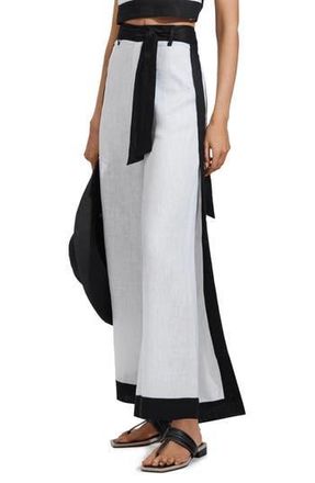Reiss Harlow Belted Colorblock Linen Cover-Up Pants in White/Navy at Nordstrom Rack, Size 12
