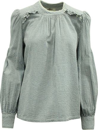 BA&SH Ba & Sh Stripe Ruffled Shirt in Blue and White Cotton