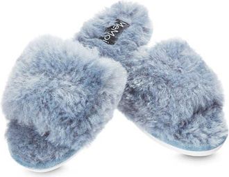 MeMoi The Jacqueline Plush Faux Fur Slide Slipper in Denim at Nordstrom, Size Medium