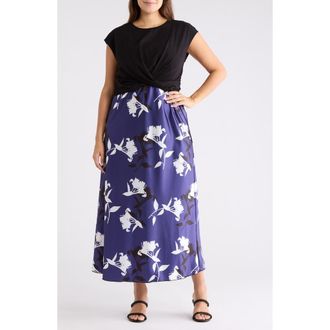 Tash And Sophie Floral Satin Slipdress & Cap Sleeve Top Set in Navy White at Nordstrom Rack, Size 2 X