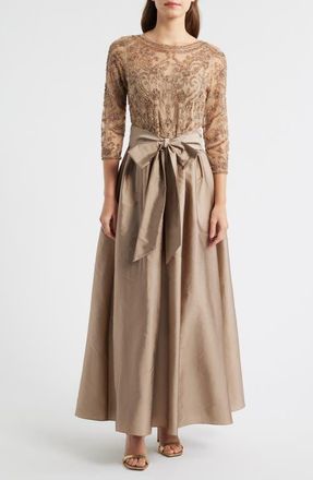 Pisarro Nights Beaded Illusion Neck Taffeta Cocktail Dress in Mocha at Nordstrom, Size 10