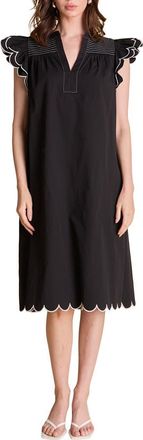 English Factory Scallop Hem Midi Dress in Black/White at Nordstrom, Size X-Small