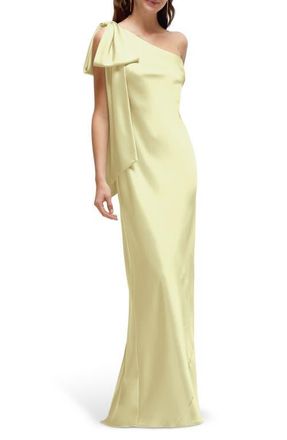 After Six Bow Detail One-Shoulder Stretch Satin Charmeuse Gown in Butter Yellow at Nordstrom, Size Xx-Large