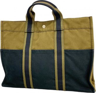 Herm&egrave;s Khaki Navy Canvas Tote Bag (Pre-Owned)