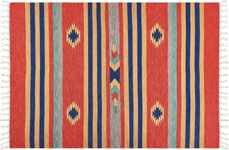 Beliani Alfombra Kilim De Algod&oacute;n Azul Rojo Naranja 140 X 200 Cm A Mano Geom&eacute;trico Borlas Hatis