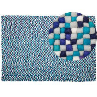 Beliani Alfombra Azul Y Blanco 160 X 230 Cm Bolas De Fieltro De Lana Tejida A Mano Amdo