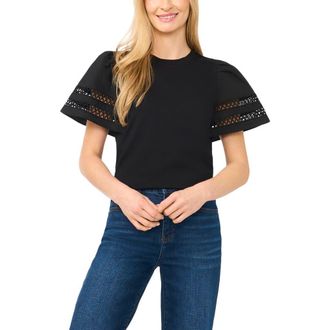 CeCe by Cynthia Steffe Embroidered Detail Short Sleeve Cotton Top in Rich Black at Nordstrom, Size X-Small