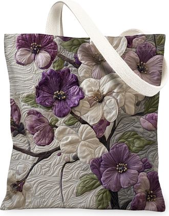 Generic Spring Quilted Plum Bossoms Flower Canvas Tote Bag for Shopping 13x15, Floral Wildflower Reusable Grocery Print Pattern Bag for Women, Fun Garden Beac