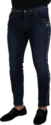 Dolce & Gabbana Mens Blue Cotton Studded Low Waist Denim Jeans Elastane Clothing