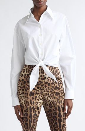 Dolce & Gabbana Tie Hem Cotton Poplin Button-Up Shirt in Bianco Ottico at Nordstrom, Size 44