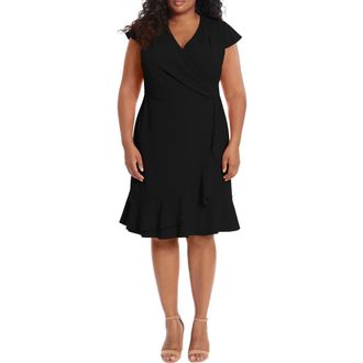 London Times Pleated Flounce Faux Wrap Dress in Black at Nordstrom Rack, Size 24W