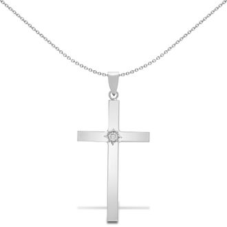Jewelco London 9ct White Gold 0.1ct Diamond Minimalist Solitaire Cross Pendant in Silver