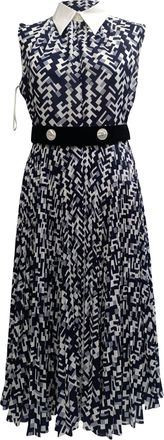 Prada Pre-owned Womens Belted Geometric-Print Sleeveless Midi Dress in Navy Blue - Size EU 40 (Womens)