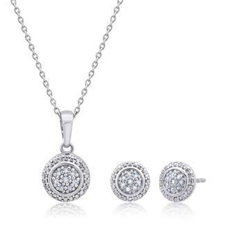 MAX + STONE Sterling Silver Diamond Halo Pendant Necklace and Stud Earrings Set