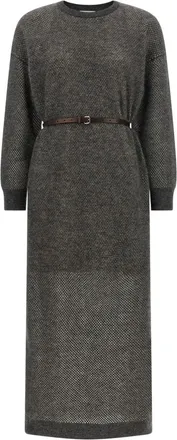 Brunello Cucinelli Grey Textured Crew Neck Midi Dress