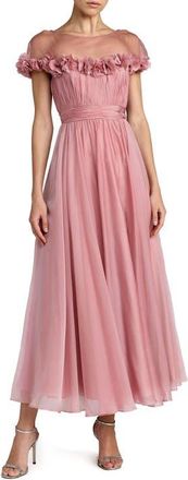 Mac Duggal Chiffon Illusion Neck Midi Dress With 3D Flowers in Rose Gold at Nordstrom, Size 16