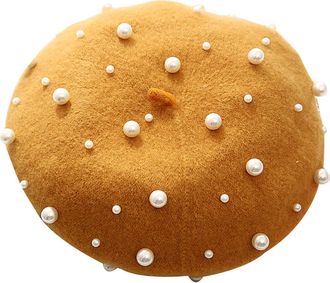 Generic Women Beret Pearl Elegant Sweet Artist French Style Beret Beanie Cap 2025 (Yellow, A)